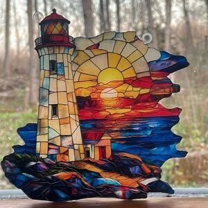 Suncatcher Acrylic Sunset Lighthouse Beach Theme Home Cottage Cabin Decor